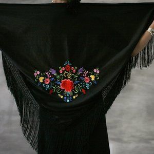 Vintage Black Embroidered Triangle Piano Shawl with Fringe